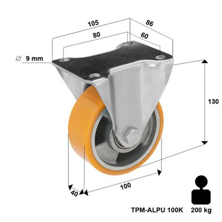 Bockrolle TPM-ALPU 100K mit gegossenem Polyurethan-Laufbelag Tragfähigkeit 200 kg / 100mm/ Doppelkugellager