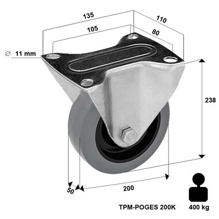 Bockrolle mit Plattenbefestigung TPM-POOGES 200K mit Elastik-Vollgummireifen. Tragfähigkeit 400kg / 200mm/ Doppelkugellager