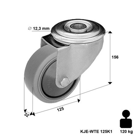 Lenkrolle rostfrei mit Bolzenbefestigung KJE-WTE 125K1 mit thermoplastischem Gummi/ Tragfähigkeit 120 kg / 125mm/ Kugellager