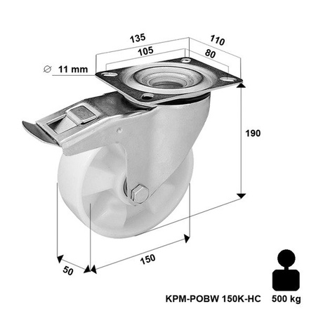 Koło poliamidowe obrotowe z hamulcem KPM-POOBW 150K-HC z kołem poliamidowym. Nośność 500 kg / 150mm/ kulkowe