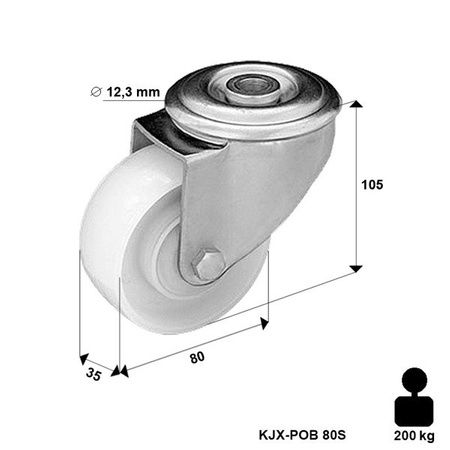 Zestaw kołowy nierdzewny skrętny KJX-POB 80S z kołem poliamidowym. Nośność 200 kg / 80mm/ ślizgowe