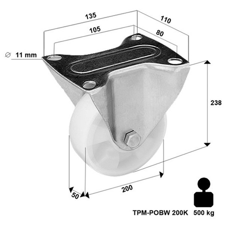 Koło poliamidowe stałe TPM-POOBW 200K z kołem poliamidowym. Nośność 500 kg / 200mm/ kulkowe