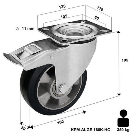 Kółko obrotowe z hamulcem KPM-ALGE 160K-HC transportowe przemysłowe z kołem pełnym gumowym piasta aluminium. Nośność 300 kg / 160mm/ kulkowe