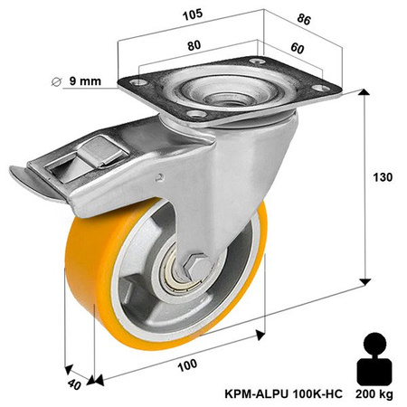 200 kg 100mm Koło obrotowe transportowe skrętne z hamulcem KPM-ALPU 100K-HC z kołem aluminiowym z bieżnikiem poliuretanowym