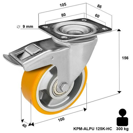 Kółka do wózka transportowe z hamulcem 125 mm obrotowe transportowe do dużych obciążeń KPM-ALPU 125K-HC 300 kg (900-1200 kg/4 kołach) Kóka skrętne do wózków platform 125mm Zestaw kołowy