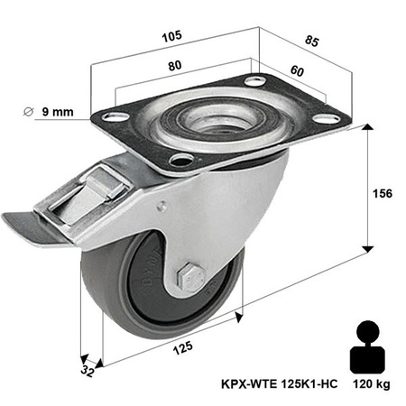 Zestaw kołowy nierdzewny skrętny z hamulcem KPX-WTE 125K1-HC z kołem polipropylenowym i gumową oponką. Nośność 120 kg / 125mm/ kulkowe