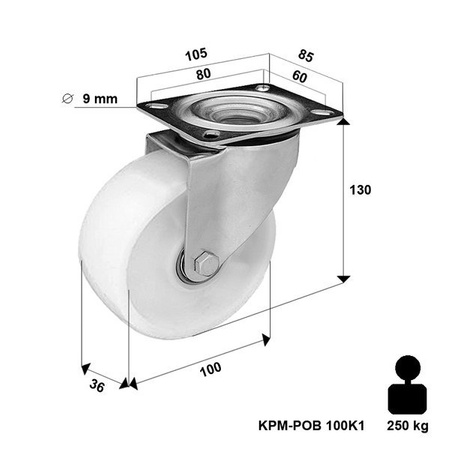 Koło poliamidowe obrotowe KPM-POOB 100K1 z kołem poliamidowym. Nośność 250 kg / 100mm/ kulkowe