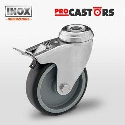 Zestaw kołowy nierdzewny skrętny z hamulcem KMA-TPA 100S-HC INOX (MX100TPAHS-BK) z szarą gumą piasta polipropylen 90 kg / 100mm/ ślizgowe