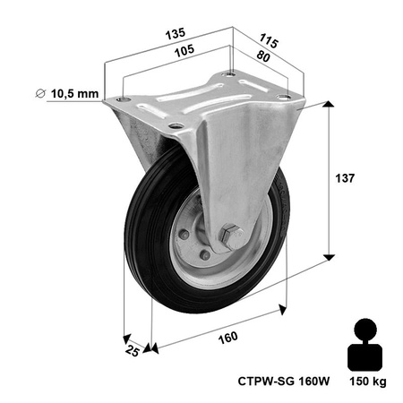 WYPRZEDAŻ - Koło metalowo-gumowe fi 160 stałe LO-CTPW-SG 160W  koło metalowo-gumowe stalowa piasta  Nośność 150 kg / 160mm / wałeczkowe