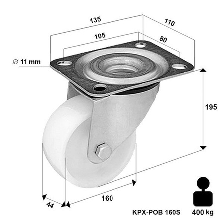 Zestaw kołowy nierdzewny skrętny KPX-POBW 160S z kołem poliamidowym. Nośność 400 kg / 160mm/ ślizgowe