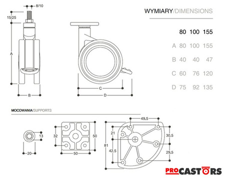 Kółko stałe/skrętne z hamulcem/bez VEGA 80/100/155/240 Nylon/włókno szklane/niebrudząca guma/ABS Nośność 50/80 kg RÓŻNE KOLORY