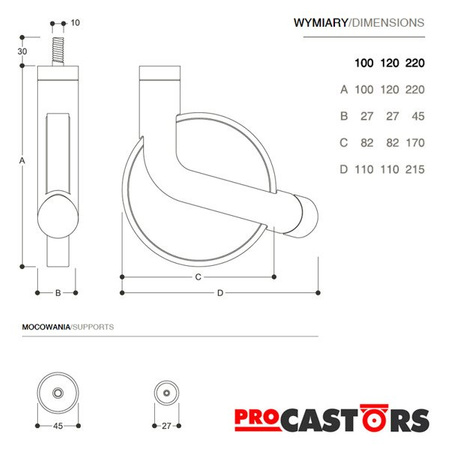 Kółko skrętne z hamulcem TUBE 100/120/220 Nylon i włókno szklane / niebrudząca guma/ ABS / lite drewno Nośność 40/80kg RÓŻNE KOLORY