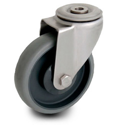 Zestaw kołowy nierdzewny skrętny KJX-WTE 125K1(40) z kołem polipropylenowym i gumową oponką. Nośność 150 kg / 125mm/ kulkowe