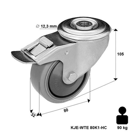 Zestaw kołowy skrętny z hamulcem KJE-WTE 80K1-HC z szarą gumą piasta polipropylenowa Nośność 90 kg / 80mm/ kulkowe