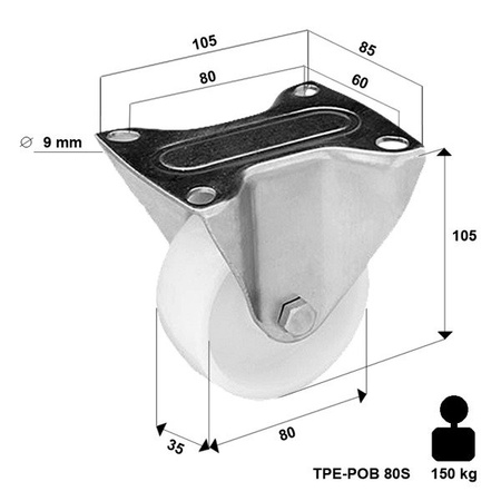 Zestaw kołowy stały TPE-POB 80S z kołem poliamidowym. Nośność 150 kg / 80mm/ ślizgowe