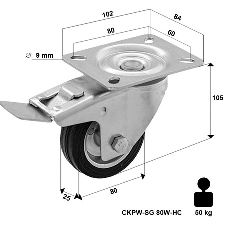 WYPRZEDAŻ - Koło metalowo-gumowe fi 200 obrotowe z hamulcem LO-CKPW-SG 80W-HC  koło metalowo-gumowe stalowa piasta  Nośność 50 kg / 80mm / wałeczkowe