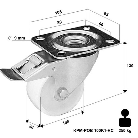 Koło poliamidowe obrotowe z hamulcem KPM-POOB 100K1-HC z kołem poliamidowym. Nośność 250 kg / 100mm/ kulkowe