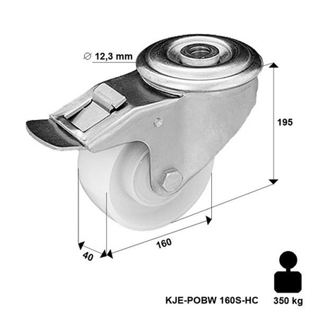 Zestaw kołowy skrętny z hamulcem KJE-POB 160S-HC z kołem poliamidowym. Nośność 350 kg / 160mm/ ślizgowe