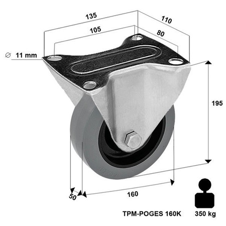 Zestaw kołowy stały TPM-POOGES 160K z kołem gumowym piasta poliamid. Nośność 300 kg / 160mm/ kulkowe