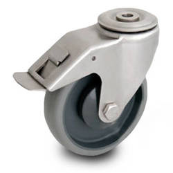 Zestaw kołowy nierdzewny skrętny z hamulcem KJX-WTE 125K1(40)-HC z kołem polipropylenowym i gumową oponką. Nośność 150 kg / 125mm/ kulkowe