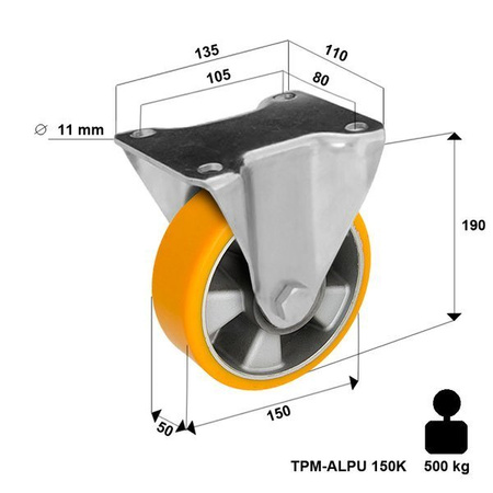 Kółka do wózka transportowe stałe 150mm 500 kg transportowe do dużych obciążeń TPM-ALPU 150K 500 kg / 1500-2000 kg Kóka stałe do wózków platform 15cm Zestaw kołowy