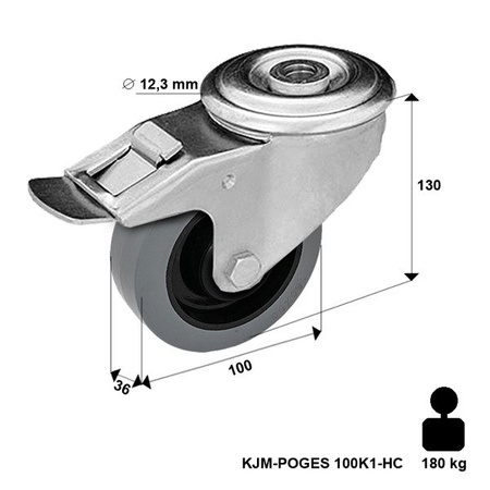 Zestaw kołowy skrętny z hamulcem KJM-POOGES 100K1-HC z kołem gumowym piasta poliamid. Nośność 160 kg / 100mm/ kulkowe