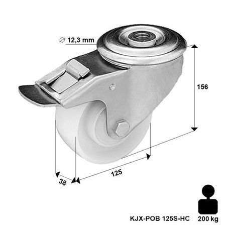 Zestaw kołowy nierdzewny skrętny z hamulcem KJX-POB 125S-HC z kołem poliamidowym. Nośność 200 kg / 125mm/ ślizgowe