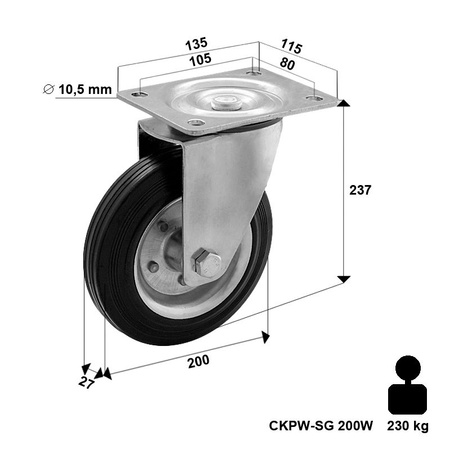 WYPRZEDAŻ - Koło metalowo-gumowe fi 200 obrotowe LO-CKPW-SG 200W  koło gumowe stalowa piasta  Nośność 230 kg / 200mm / wałeczkowe