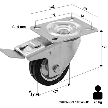WYPRZEDAŻ - Koło metalowo-gumowe fi 100 obrotowe z hamulcem LO-CKPW-SG 100W-HC  koło metalowo-gumowe stalowa piasta  Nośność 70 kg / 100mm / wałeczkowe