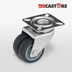 Zestaw kołowy z podwójnym kółkiem KPDA-TPA 50S Piasta poliuretan Oponka szara guma niebrudząca Nośność 70 kg / 50mm / ślizgowe / mocowanie płytka