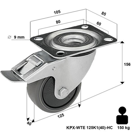 Zestaw kołowy nierdzewny skrętny z hamulcem KPX-WTE 125K1(40)-HC z kołem polipropylenowym i gumową oponką. Nośność 150 kg / 125mm/ kulkowe