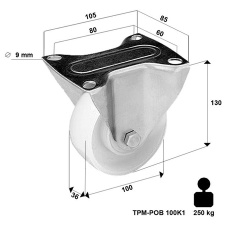 Koło poliamidowe stałe TPM-POOB 100K1 z kołem poliamidowym. Nośność 250 kg / 100mm/ kulkowe