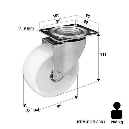 200 kg 80 mm Kółko poliamidowe obrotowe KPM-POOB 80K1 transportowe skrętne