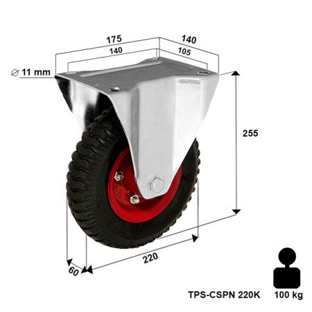 Kółko pompowane transportowe stałe TPS-CSPN 220K  koło pneumatyczne stalowa piasta  Nośność 100 kg / 220mm / kulkowe