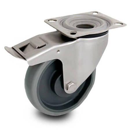 Zestaw kołowy nierdzewny skrętny z hamulcem KPX-WTE 160K1-HC z kołem polipropylenowym i gumową oponką. Nośność 200 kg / 160mm/ kulkowe