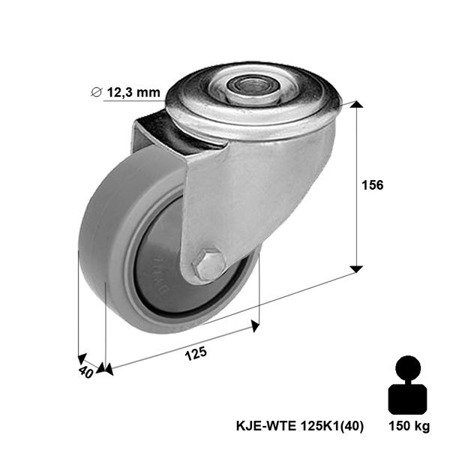 Zestaw kołowy skrętny KJE-WTE 125K1(40) z szarą gumą piasta polipropylenowa Nośność 150 kg / 125mm/ kulkowe